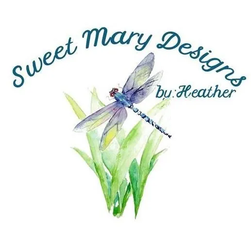 Sweet Mary Designs by Heather logo with a watercolor dragonfly